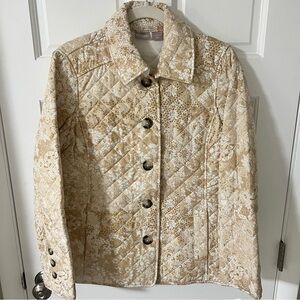 Chico’s Women's Quilted Tan Lace Print Jacket Lightweight Size 8-10